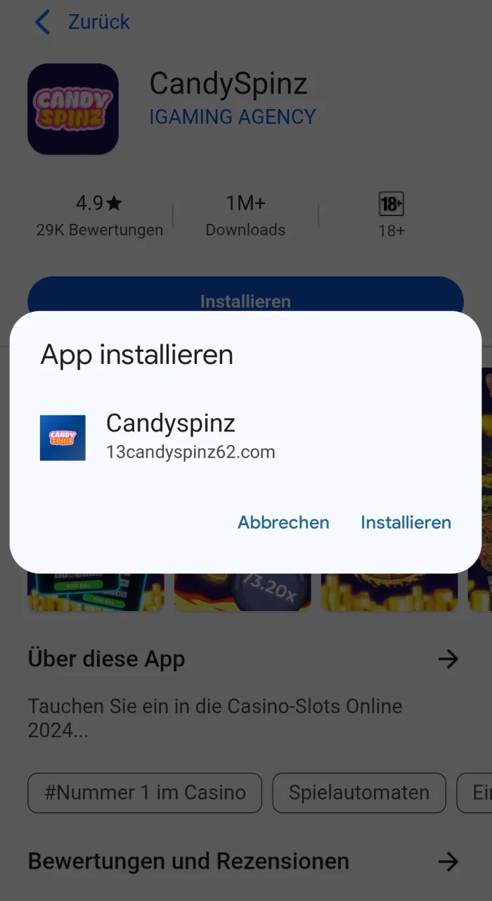 Bestätigen Sie das Herunterladen der Candy Spinz-App im Pop-up-Fenster.
