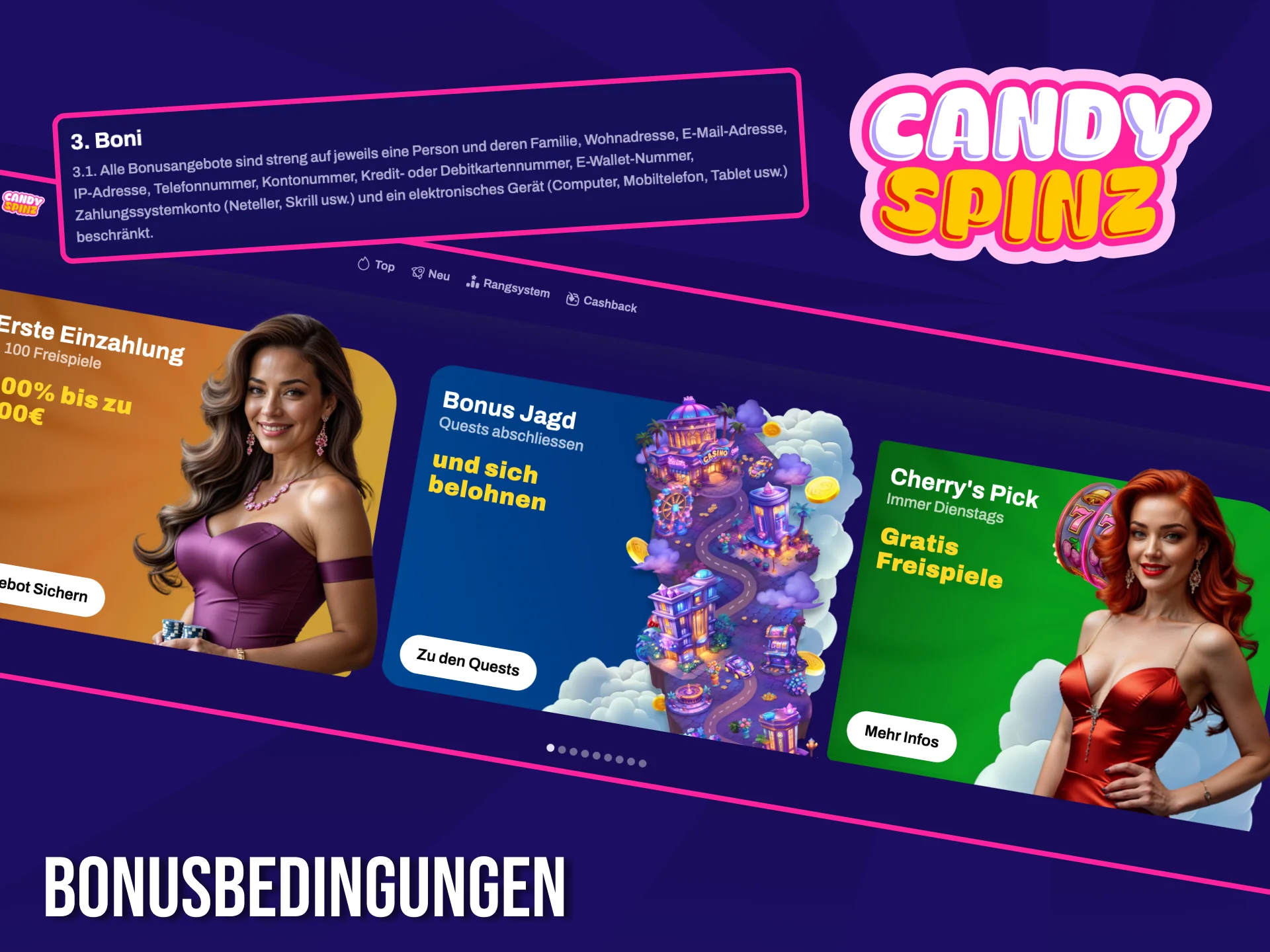 Erfahren Sie alle Details und Bedingungen des Candy Spinz Bonusprogramms.