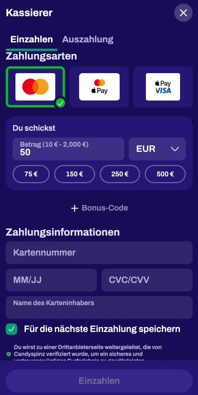 Öffnen Sie den Kassenbereich in Ihrem Candy Spinz-Konto, um eine Einzahlungsmethode auszuwählen.