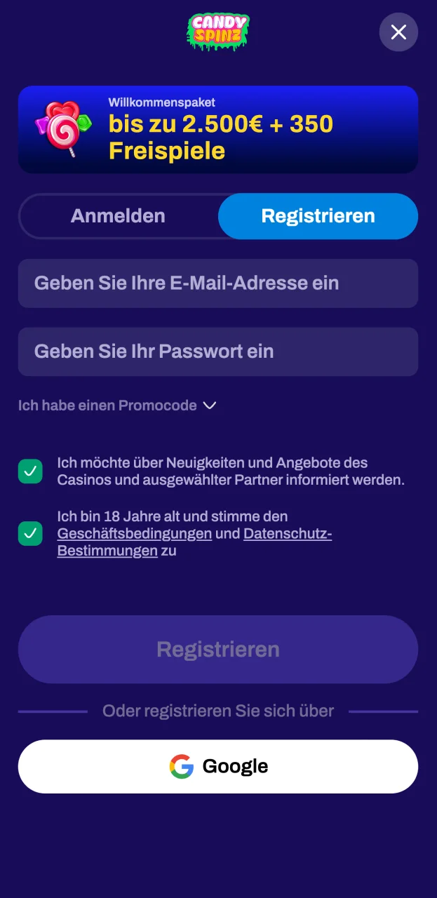 Mit einem einfachen Registrierungsformular können Sie mit wenigen Klicks ein Profil auf der Website Candy Spinz erstellen.