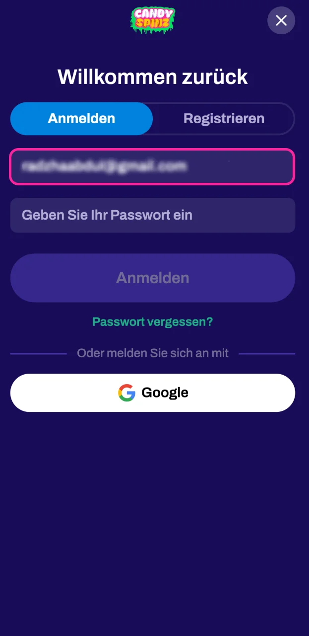 Geben Sie Ihre E-Mail-Adresse in das Registrierungsformular auf der Website von Candy Spinz ein.