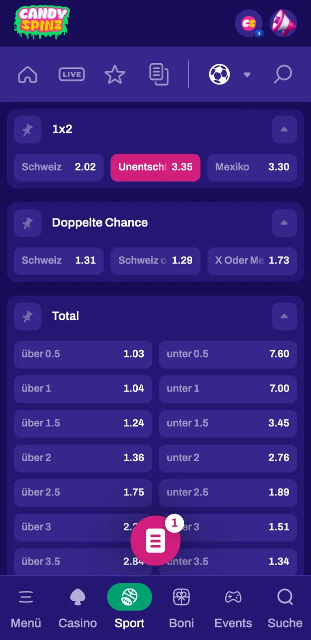 Wählen Sie auf der Webseite des Buchmachers Candy Spinz eine Sportart und einen Markt aus, um Ihre erste Wette zu platzieren.