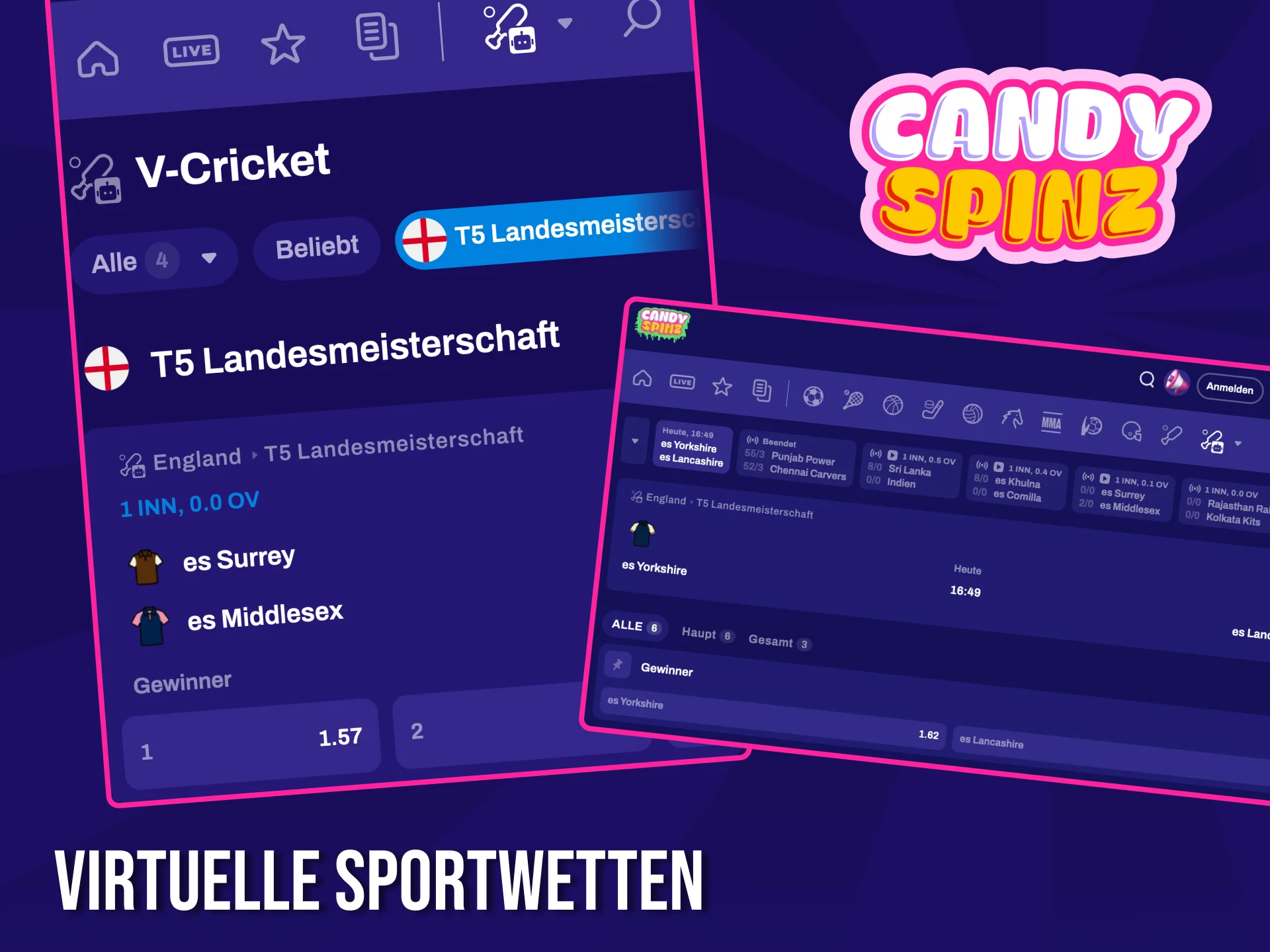 Virtuelle Sportarten sind rund um die Uhr auf der Website des Buchmachers Candy Spinz verfügbar.