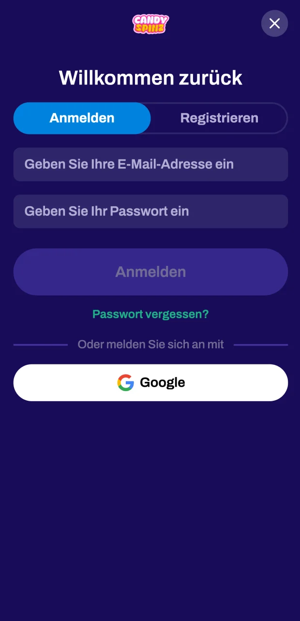 Wählen Sie die für Sie bequemste Methode, um sich auf der offiziellen Candy Spinz-Website anzumelden.