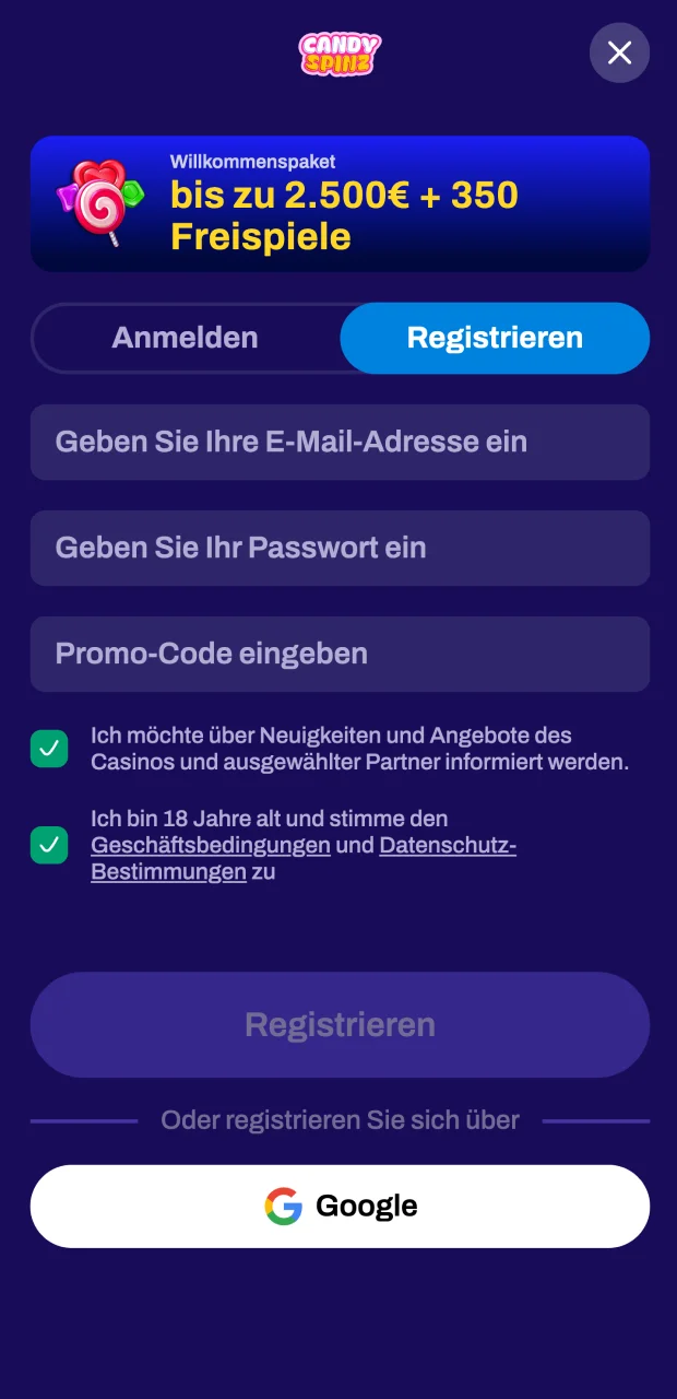 Wählen Sie eine bequeme Registrierungsmethode auf der Candy Spinz-Website.